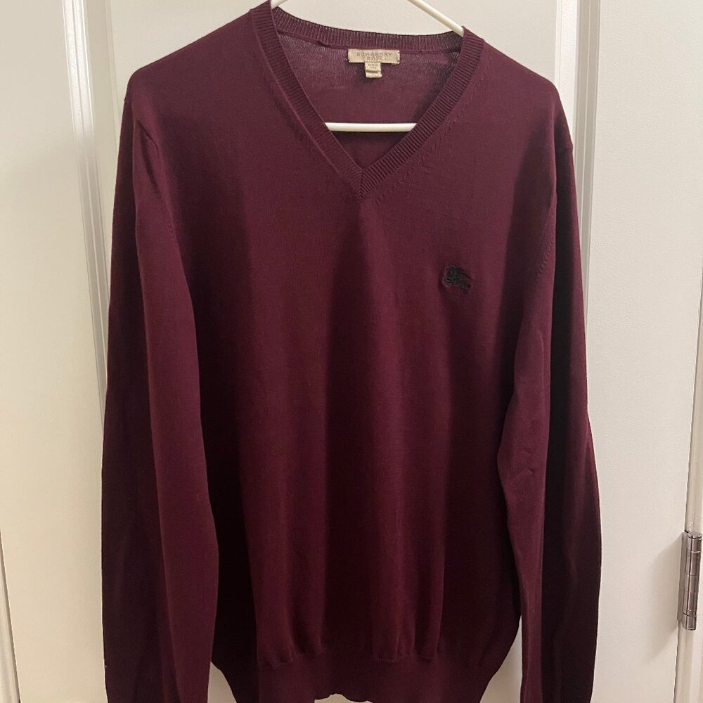 Burberry Brit Men's Maroon V Neck 100% Cotton Sweater With Burberry Logo